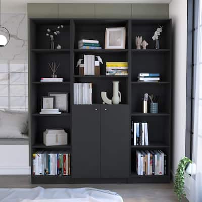 FM FURNITURE Atoka 3 Piece Living Room Set with 2 Sutton Slim Bookcase + Sutton 2-Door Bookcase, Black