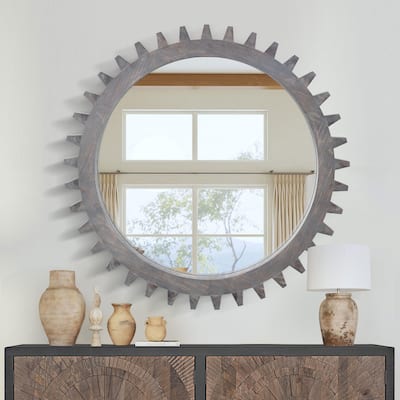 Vintage Wood Round Hanging Gear Shape Heavy Decorative Mirror