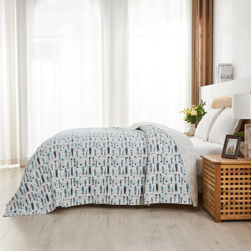 Melange Hand Stitched Kantha Block Print Coverlets and Shams - Fish Coverlet Only - King - 1 Piece