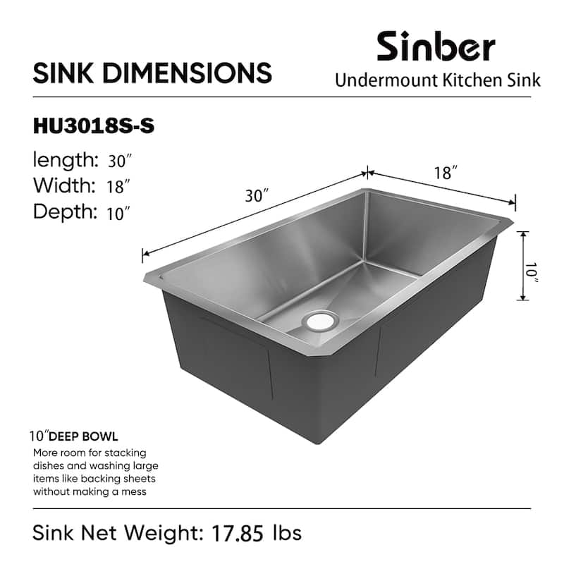Sinber Undermount Single Bowl 304 Stainless Steel Kitchen Sink