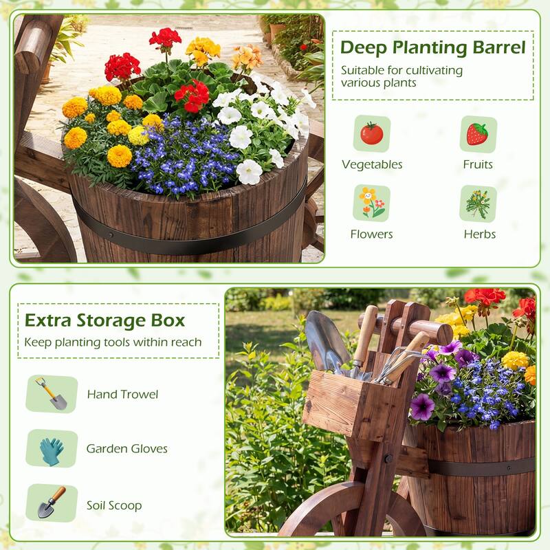 Gymax Rustic Wood Tricycle Planter w/Barrel Pot & Storage Box for