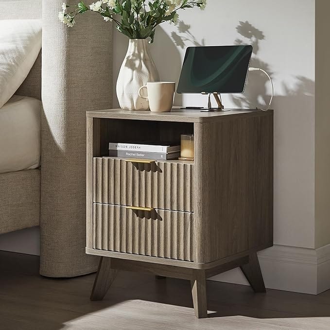 Modern Fluted Nightstand with Faux Marble Top, Side Table, End Table - Grey Alder