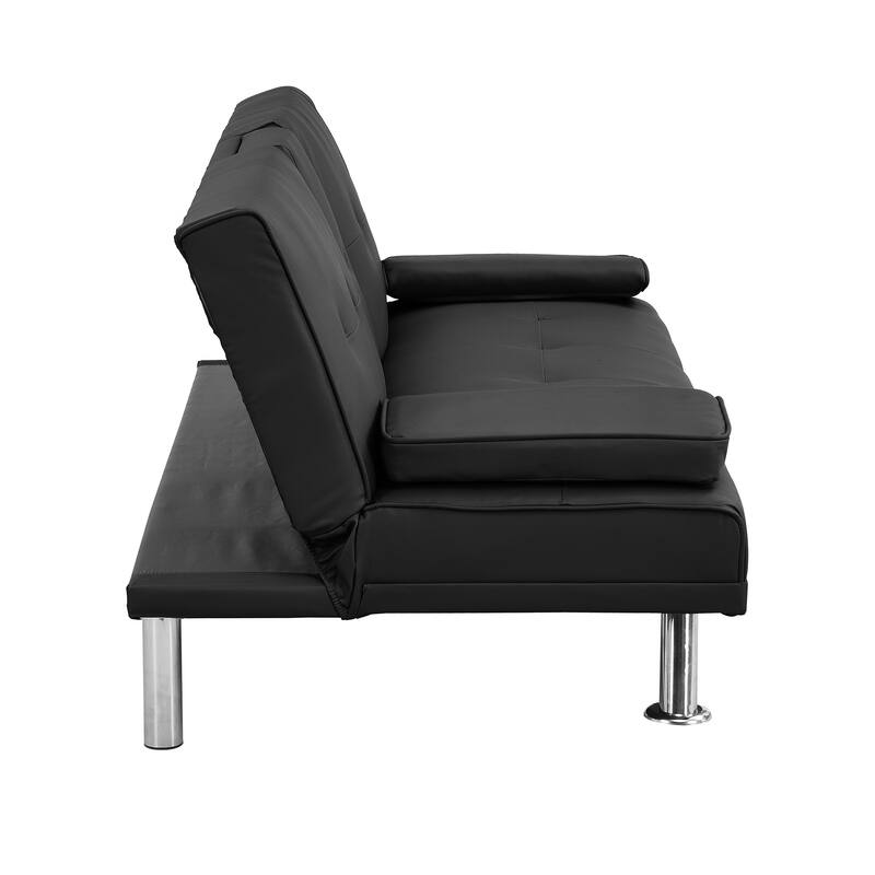 2-Seat Leather Sofa Bed with Armrests, Stainless Steel Legs, Wood Frame, Reclining Futon for Living Room, Office, Bedroom