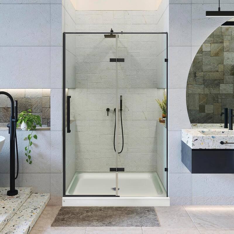 Frameless Clear Tempered Shower Glass Door with Shower Base Kit - 54 Inch - Black