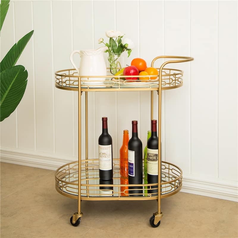 Glitzhome Metallic Gold 2-Tier Serving Bar Cart with Mirrored Glass
