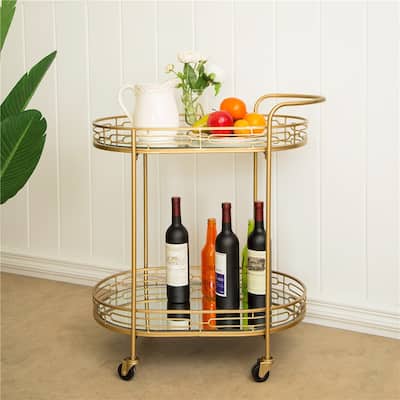 Glitzhome Metallic Gold 2-Tier Serving Bar Cart with Mirrored Glass