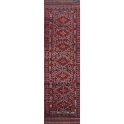 Hand Knotted Oriental 100% Wool Carpet Traditional Tribal Navy Blue & Blues Balouch Runner Rug - 8' 8'' X 1' 11''