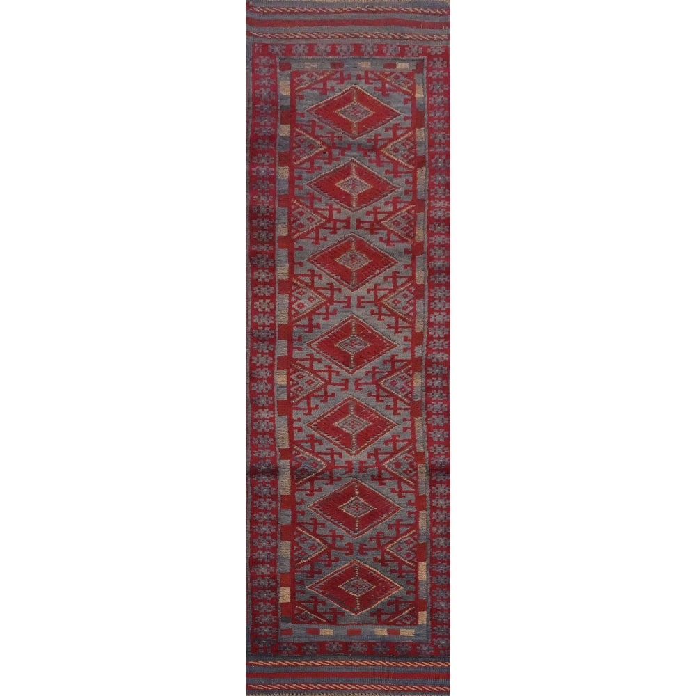 Hand Knotted Oriental 100% Wool Carpet Traditional Tribal Navy Blue & Blues Balouch Runner Rug - 8' 8'' X 1' 11''