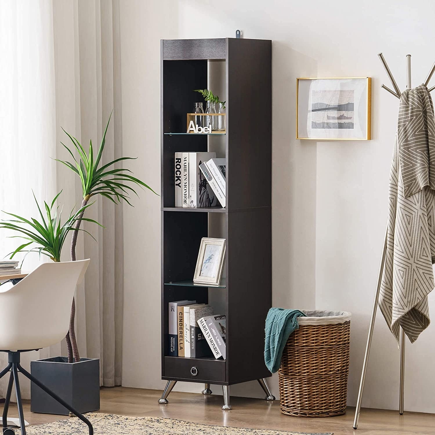 https://ak1.ostkcdn.com/images/products/is/images/direct/2fbdb80262d44b8e5d6e46b2d6e4ea9fda70cdf4/Ivinta-Tall-Bookshelf-for-Small-Spaces%2C-Narrow-Bookcase-with-Adjustable-Glass-Display-Shelf.jpg
