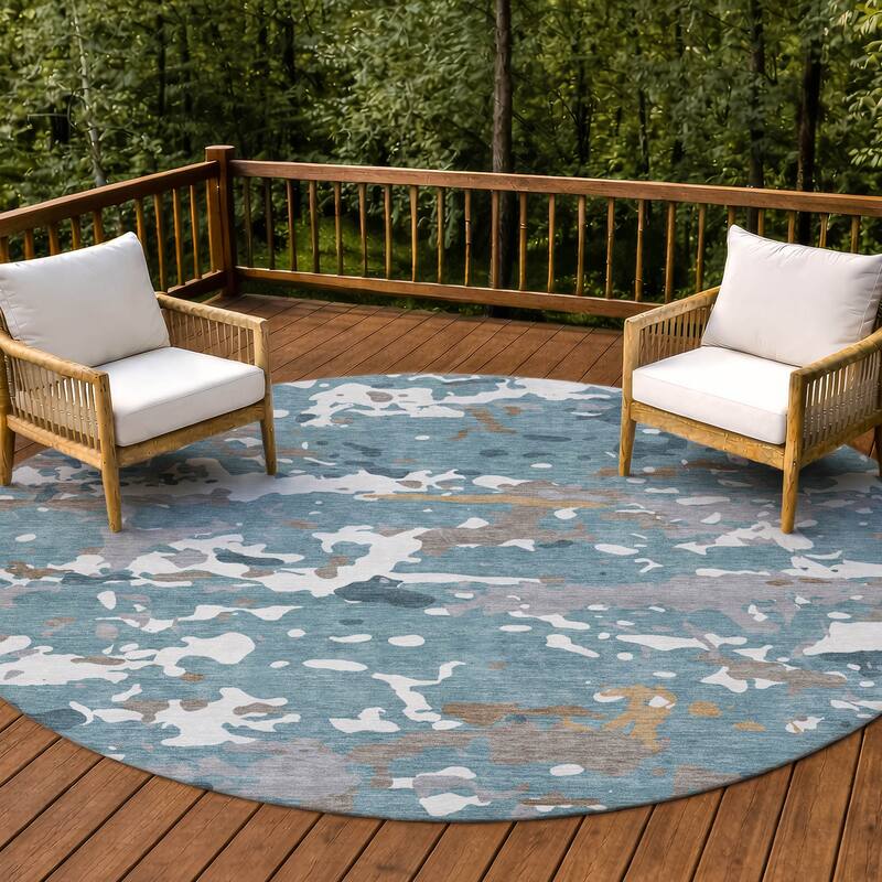 Machine Washable Indoor/ Outdoor Modern Calhan Chantille Rug - Teal - 8' x 8'