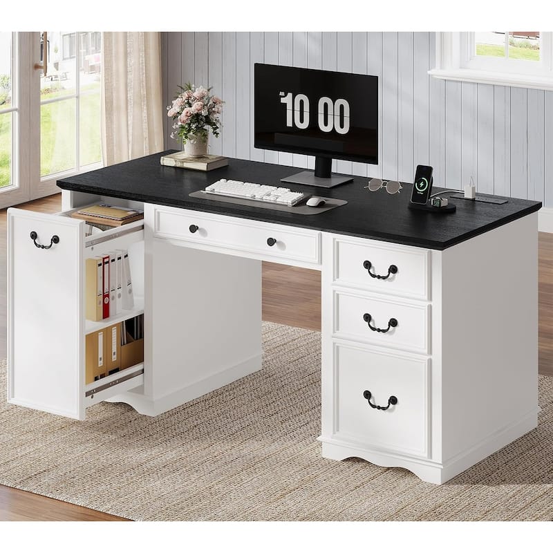 Executive Desk with Drawers Computer Desk File Drawers Power Outlet LED Lights Storage Cabinet