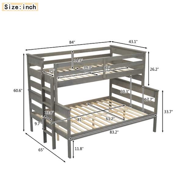dimension image slide 5 of 8, Wooden Bunk Bed with Ladder & Guardrails, Solid Wood Low Bunkbeds, can be Convertible into 2 Platform Bedframe