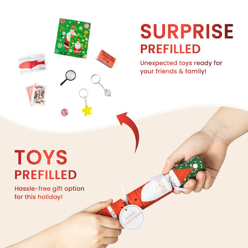 Glitzhome 8 Pack Christmas Santa & Snowman Party Crackers Favor Supplies with Gift Contents for Kids