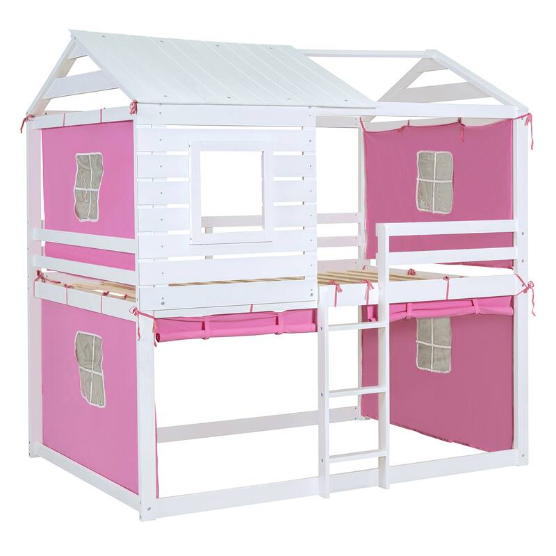 Pink+White Full Size Solid Wood House Bunk Bed with Tent, Ladder and Fence for Kids, Bedroom