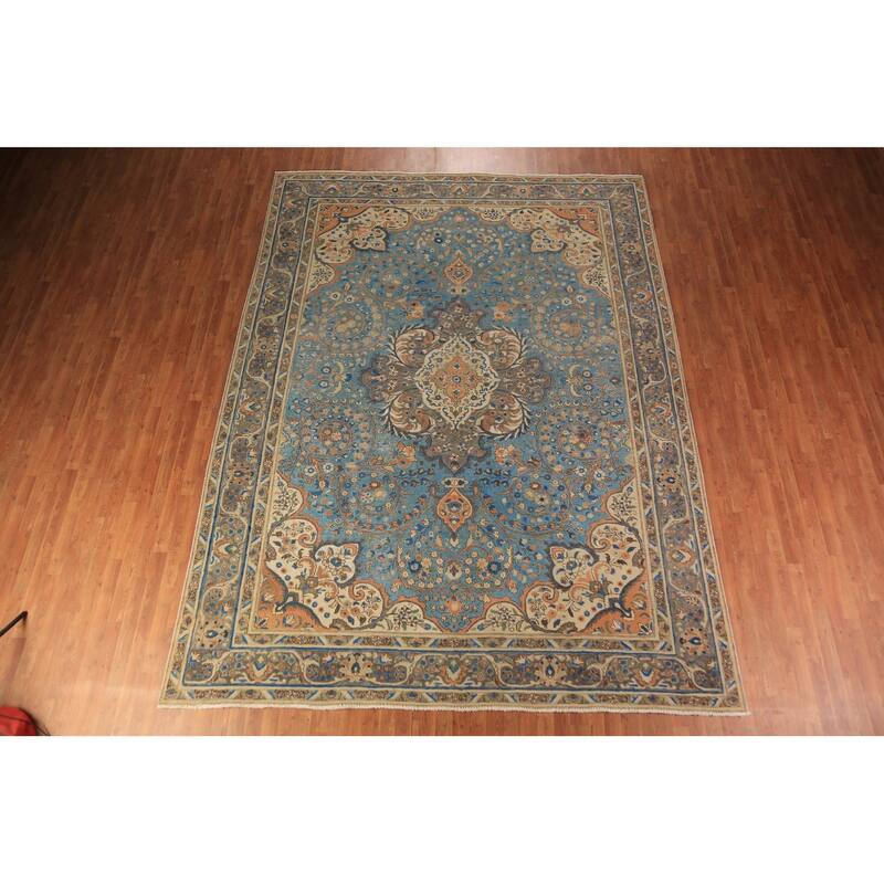 Traditional Blue Floral Tabriz Persian Rug Handmade Wool Carpet - 9'8"x 12'9"