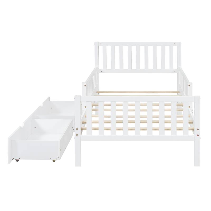 Twin Size Wooden Bed with Guardrails & 2 Storage Drawers