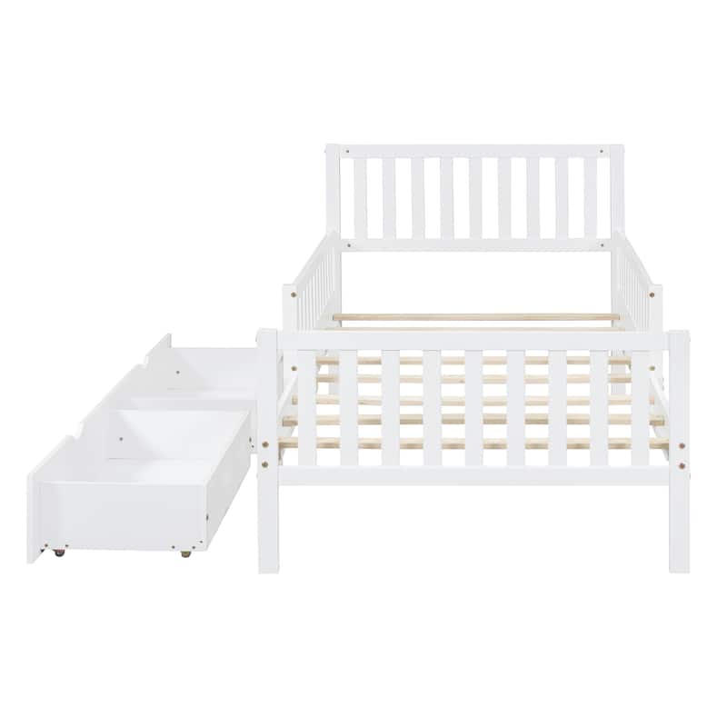 White Twin Size Wooden Platform Bed with Guardrails on Both Sides and Two Storage Drawers