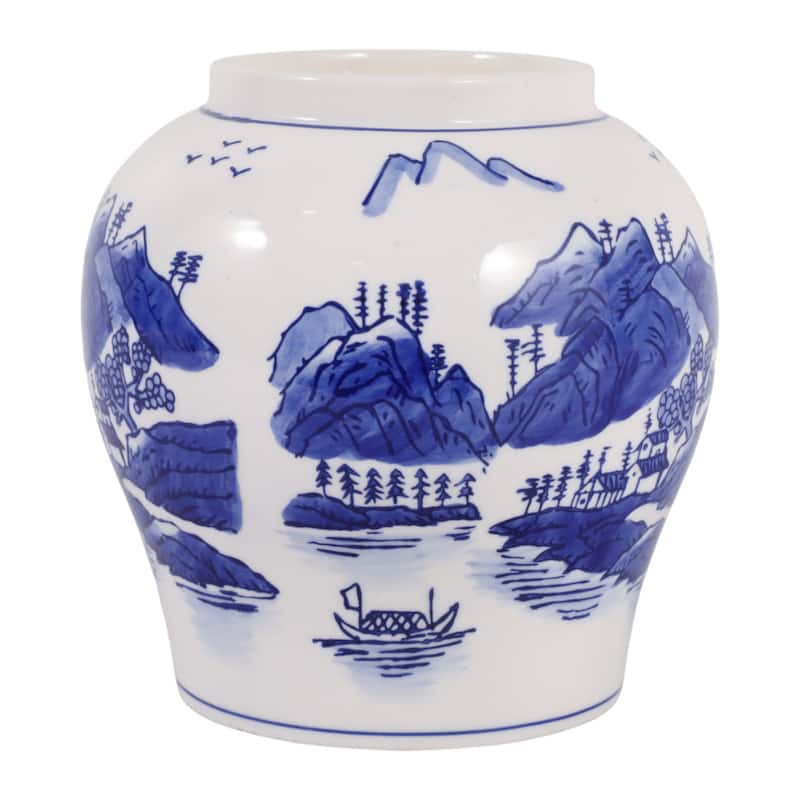 Chinoiserie Ceramic Candle - Neroli and Basil Scent - 7", Blue - 7.0"