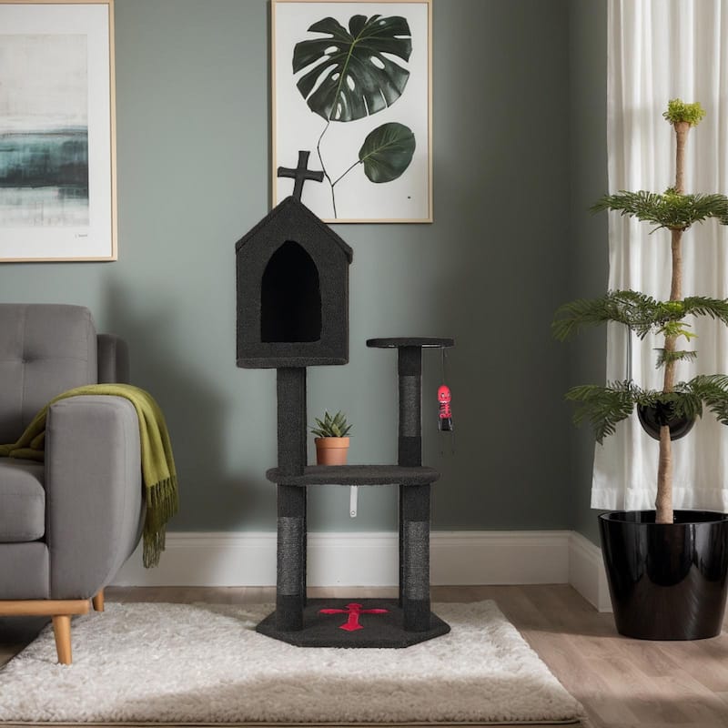 57" Gothic Cat Tree with Multi-Level Platforms and Scratching Posts Cozy Condo and Coffin Bed