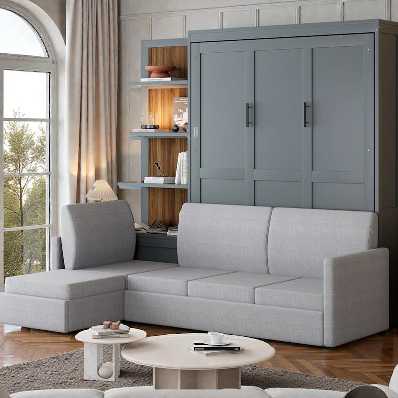 Queen Size Murphy Wall Bed with Sofa and Shelves, Space-Saving Fold Down Bed with Storage, Piston Lift Mechanism