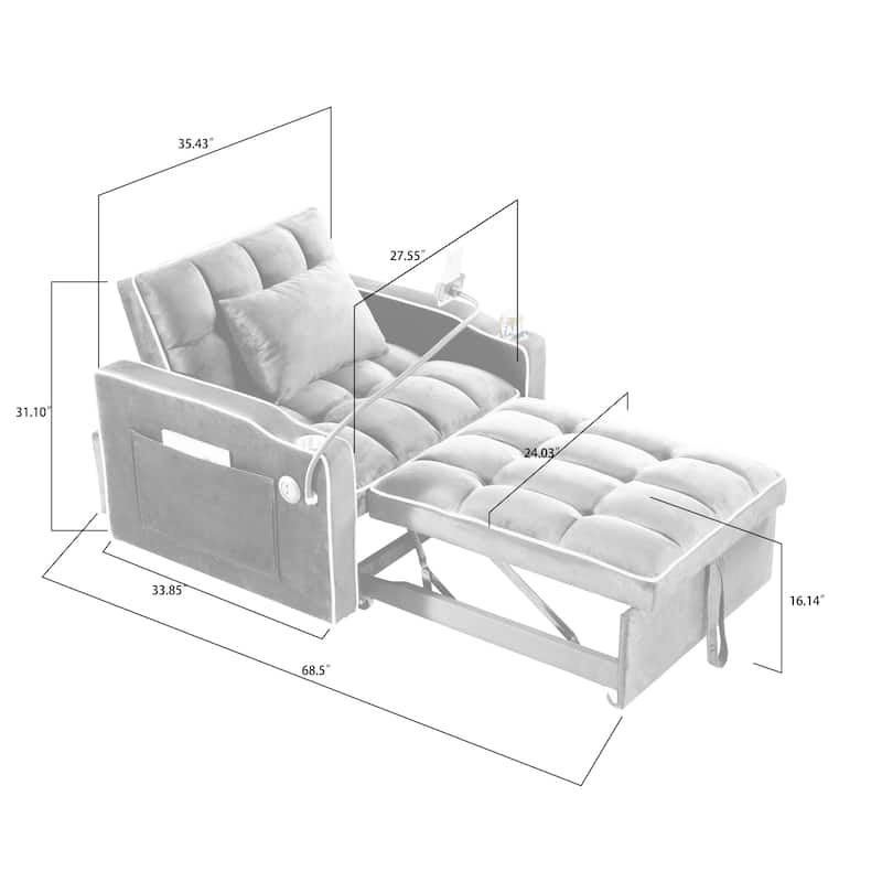 Black Modern 35.83" 3 in 1 Velvet Single Convertible Sofa Bed with Adjustable Back and USB Charging Port for Living Room