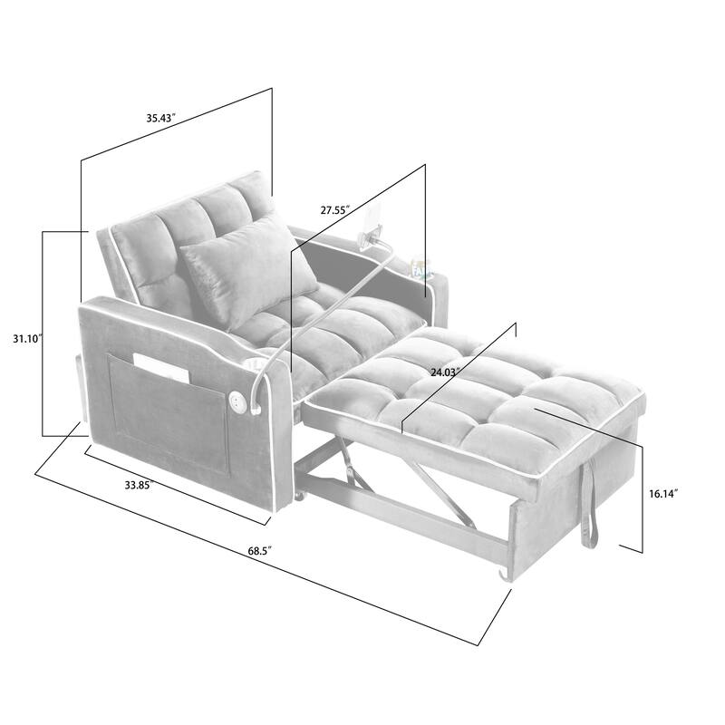 Convertible Sleeper Chair Sofa Bed Adjustable Pull Out Sleeper Chair Bed Multi-Pockets Folding Sofa Bed for Living Room
