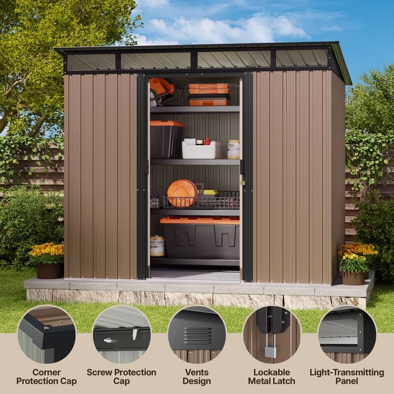 8' x 6' Outdoor Metal Storage Shed with Sliding Door, Multi-Functional Garden Shed with Glass Window and Anchor Bolts