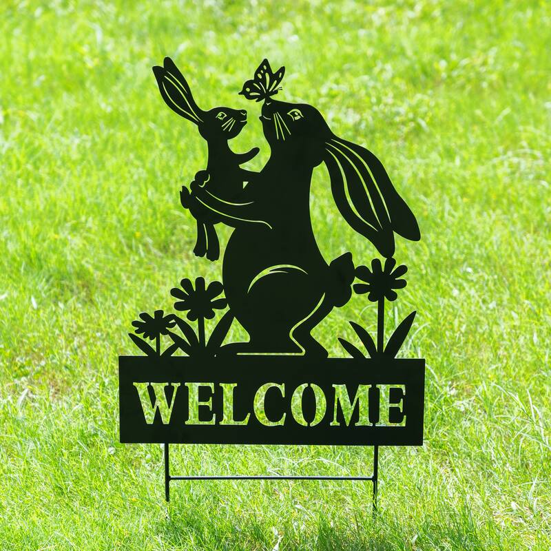 Glitzhome 30"H Multi-functional Metal Rabbit Flower Fairy Silhouette with Welcome Sign Garden Yardstake Wall Decor