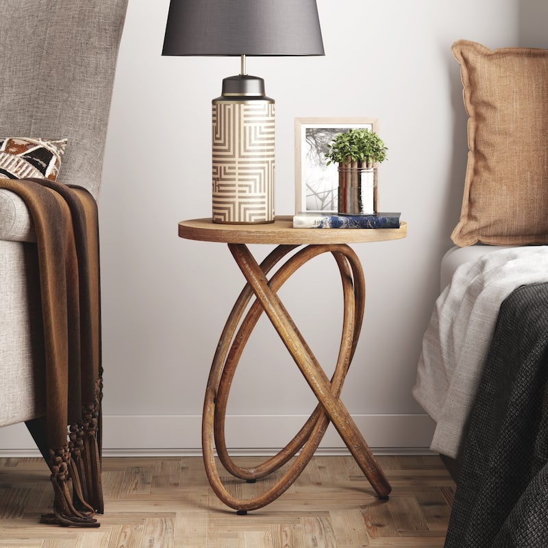 COZAYH Farmhouse End Table Round Wood Side Table Rustic Plant Stand With Intertwined Line Design