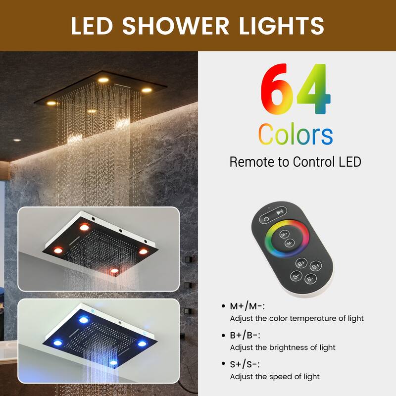 LED Shower System with 7-Spray Fixed & Handheld Dual Heads, 2.5 GPM, 6 Body Jets, 64-Color Lighting