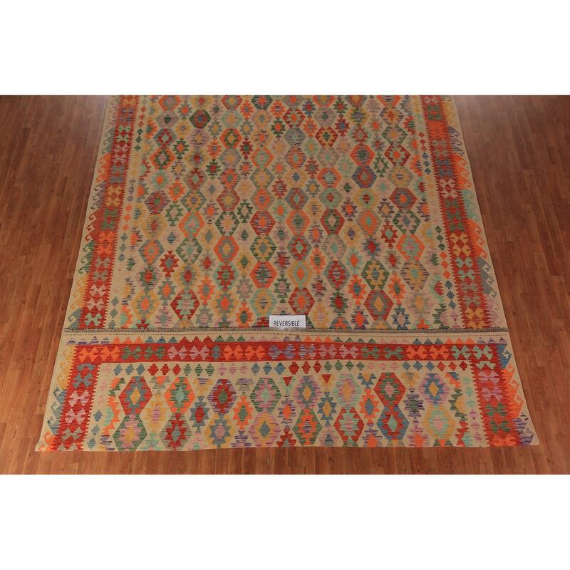 Geometric Kilim Oriental Large Rug Flatweave Wool Carpet - 10'2"x 16'10"