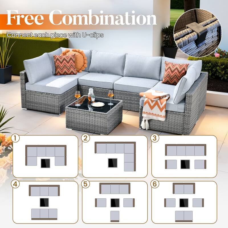 HOOOWOOO 8-piece Grey Wicker Patio Furniture Set Sectional Sofa with Fire Pit Table
