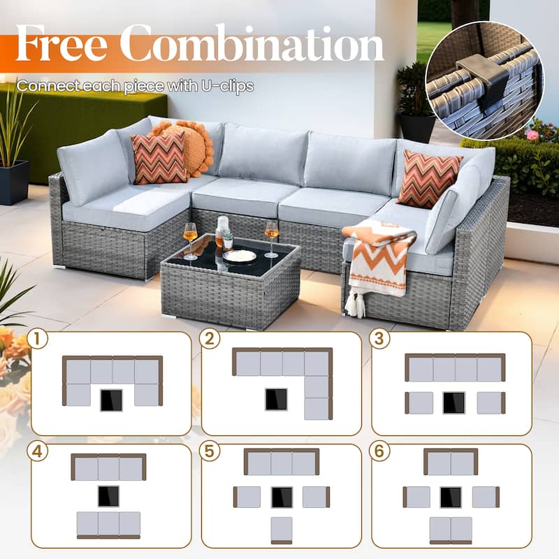 HOOOWOOO 9-piece Grey Wicker Patio Outdoor Sectional Set with Swivel Rocking Chair