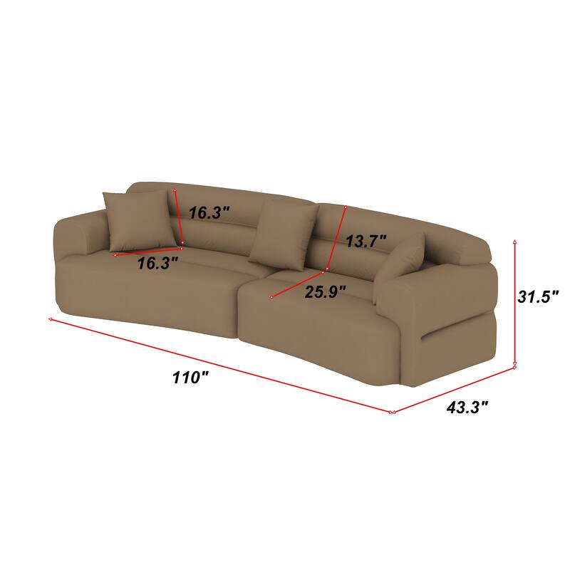 Modern Curved Fabric Sofa Couch for Living Room, 110" Wide 3-Seater Sectional in Brown Upholstery with Plush Cushions