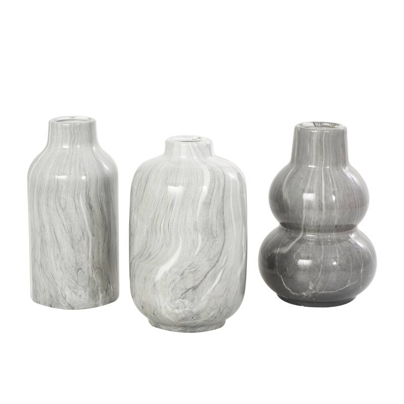 White, Gray, Cream or Black Ceramic Marble Inspired Vase with Varying Shapes (Set of 3)