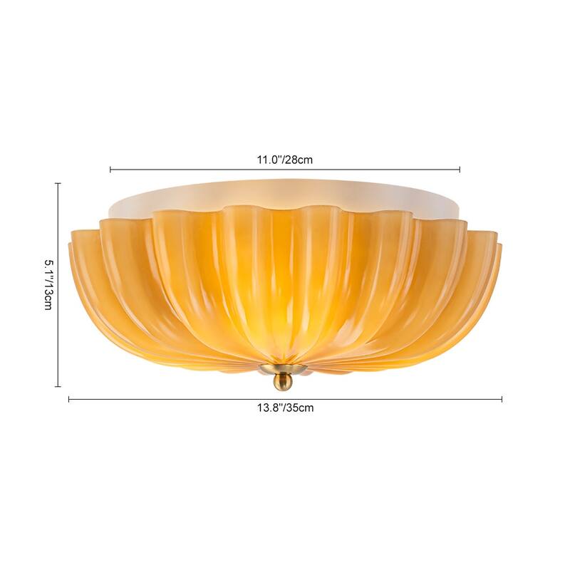 Caramel Brown Art Glass Flower Scalloped Round Ceiling Light - 11.8 Inches