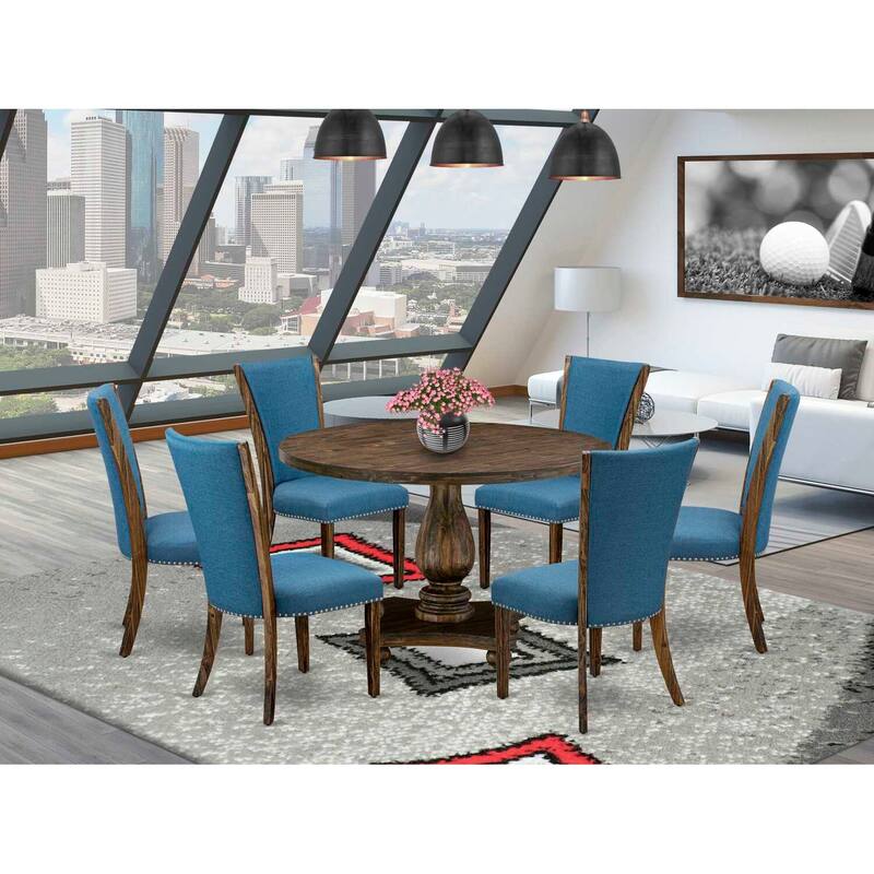 HomeStock 7-Piece Distressed Jacobean Finish Solid Wood Top Dining Table with 6-Parson Chairs