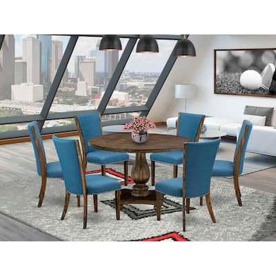 HomeStock 7-Piece Distressed Jacobean Finish Solid Wood Top Dining Table with 6-Parson Chairs