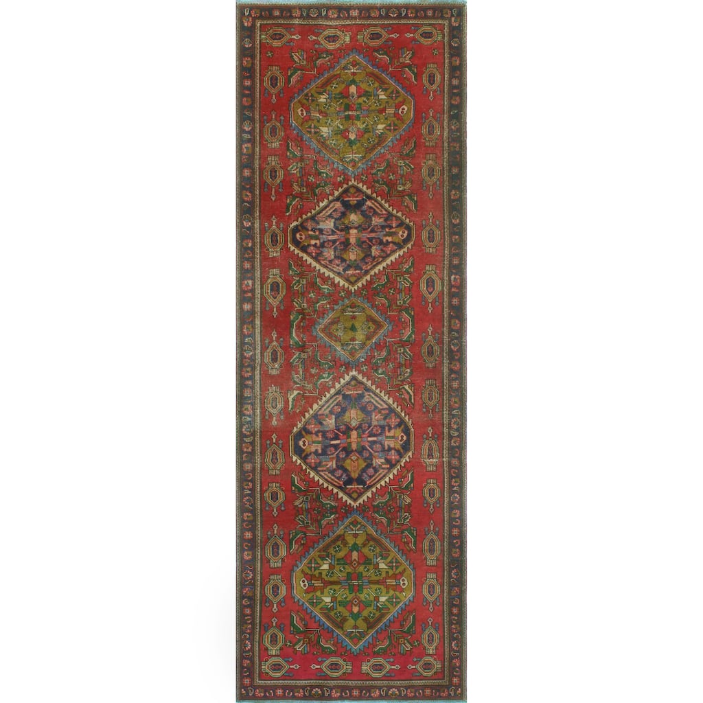 Fine Vintage Distressed Habib Red/Navy Runner - 3'8" x 11'6"