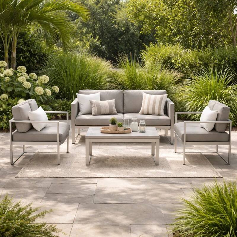 Kili 4 Piece Outdoor Sofa, Chairs and Table Set, Sleek Silver Aluminum