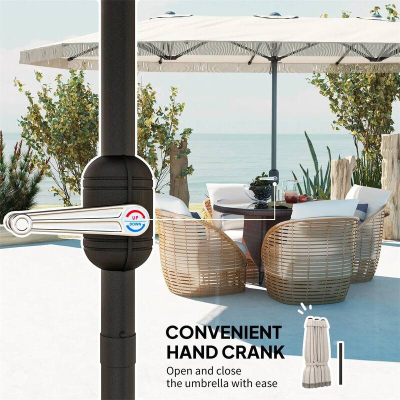 Large Double Rectangle Patio Umbrella with Crank Lift and UV Protection Steel Pole Fringe