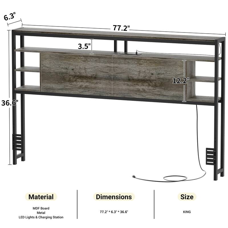 Headboards with Storage Shelves, Head Board with Power Outlet and LED Light for Bed Frame