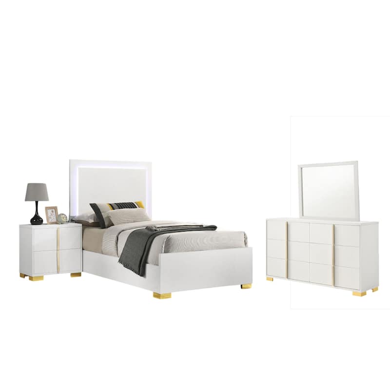 Dex 4 Piece Twin Bedroom Set, White, Gold Accents, LED Headboard