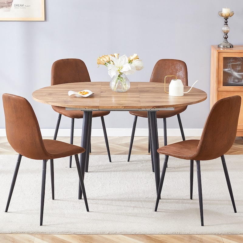 Wood Kitchen Table Set with 4 Chairs, 5-Piece Round Dining Set with Extendable Dining Table for Dining Room