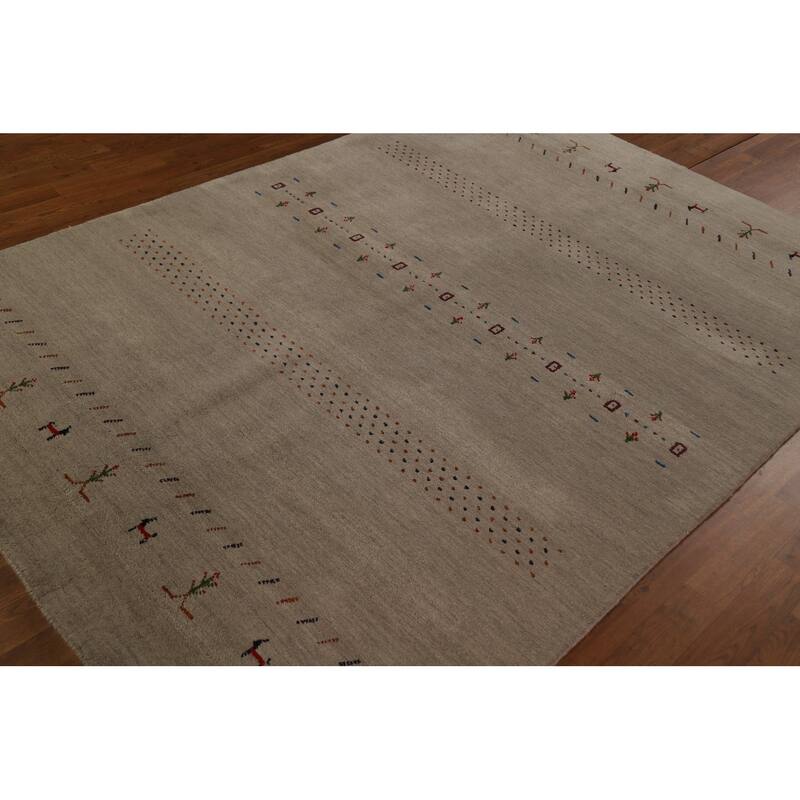 Tribal Gabbeh Area Rug Hand-Knotted Beige Oriental Wool Carpet - 5'7" x 7'10"