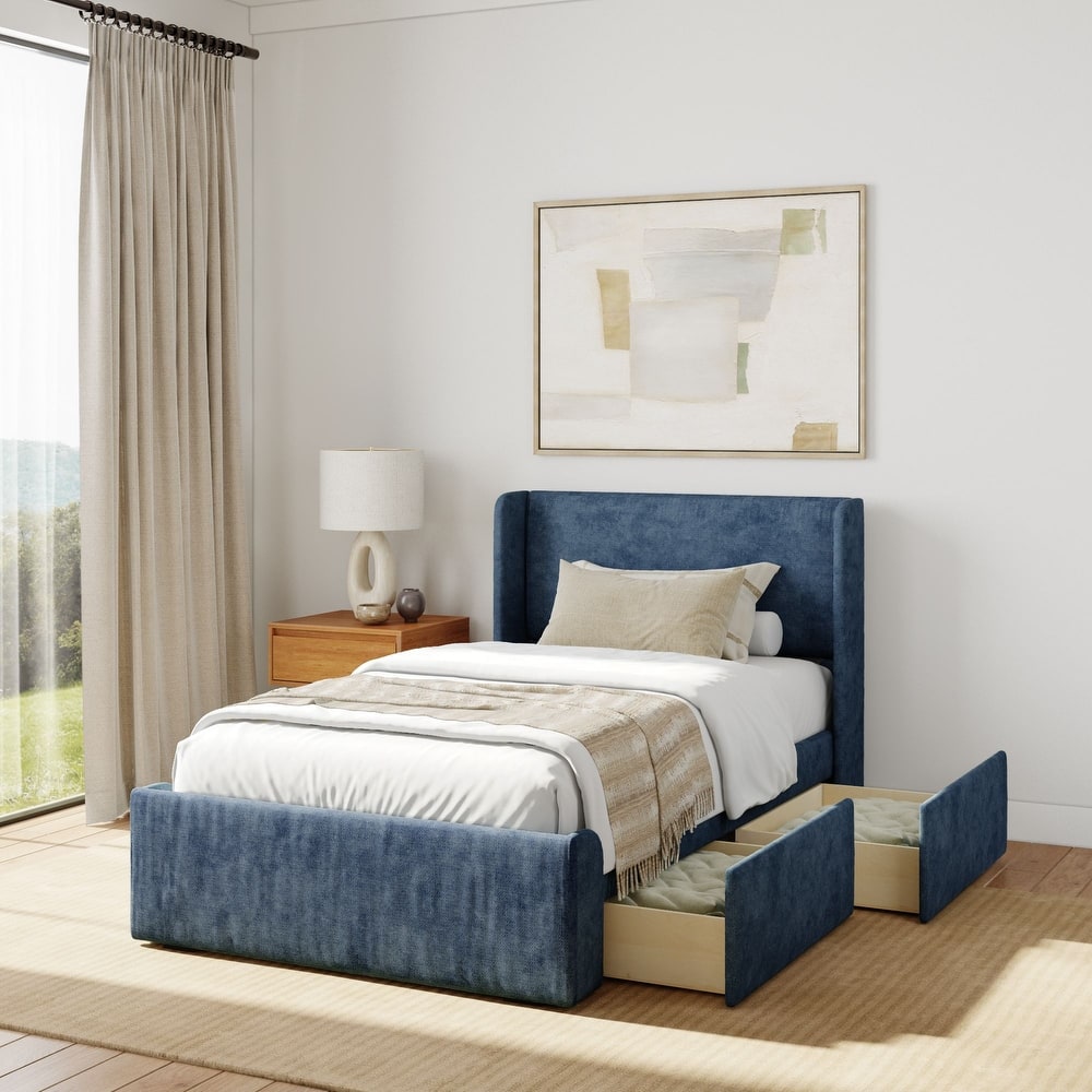 Plank and Beam Twin-Size Upholstered Bed with Rectangular Headboard