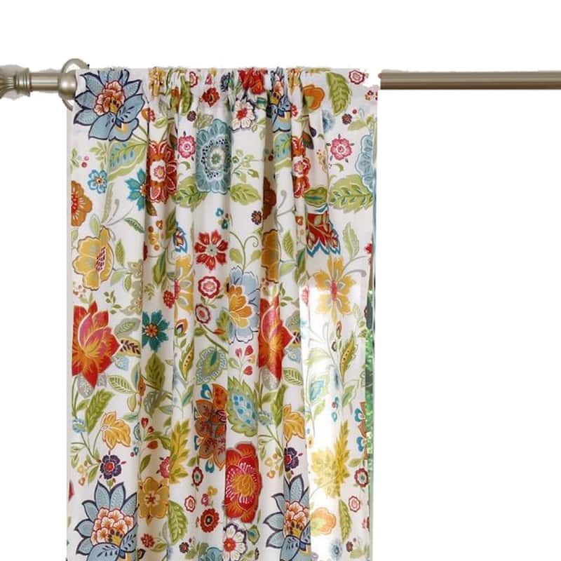 84 Inch Window Two Panel Curtain, Red and Blue Flowers, Polyester, Back Ties