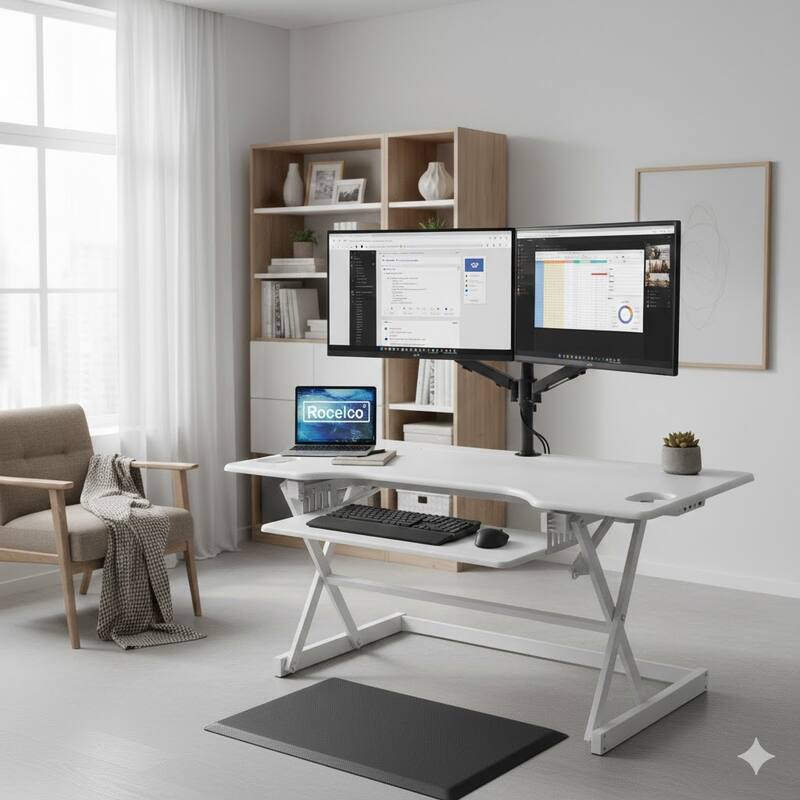 Rocelco 32 in. W White Height Adjustable Standing Desk Converter with Anti Fatigue Mat, Dual Monitor and Gas Spring Tray System