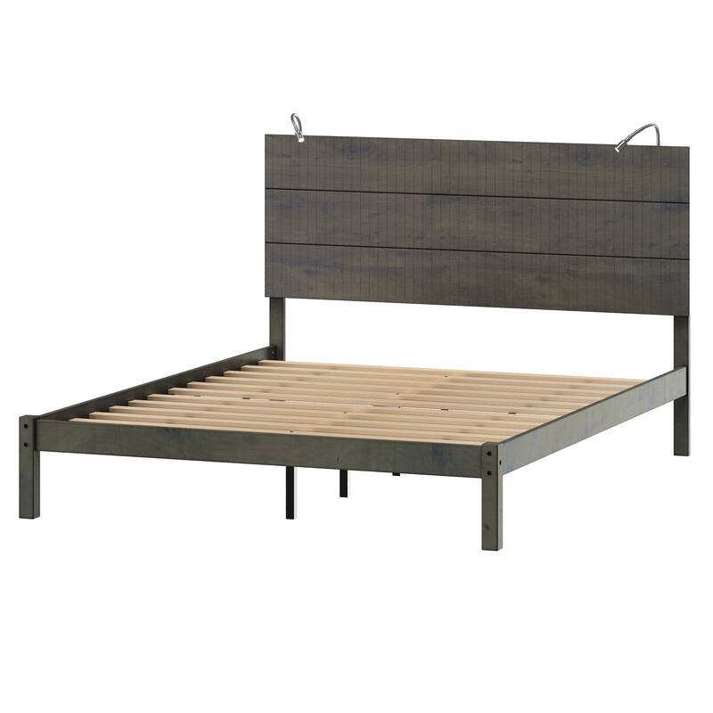 Queen Rustic Wood Platform Bed with Built-In Bedside Lights