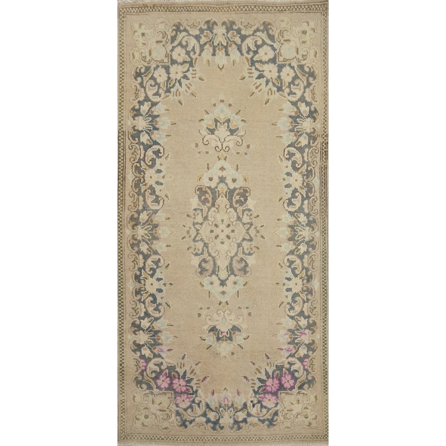 Hand Knotted Oriental 100% Wool Carpet Traditional Floral Beige & Ivories Kerman Runner Rug - 5' 4'' X 2' 3''